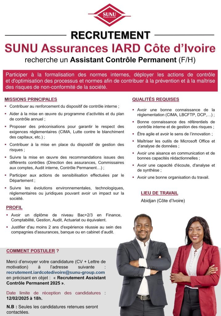 Sunu Assurances Recrute Un E Assistant E Contr Le Permanent Abidjan