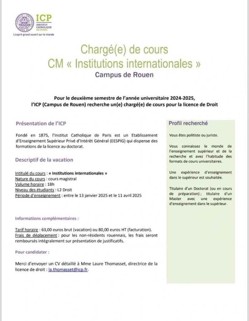 L Institut Catholique De Paris Icp Recrute Un E Charg E De Cours Pour La Licence De Droit